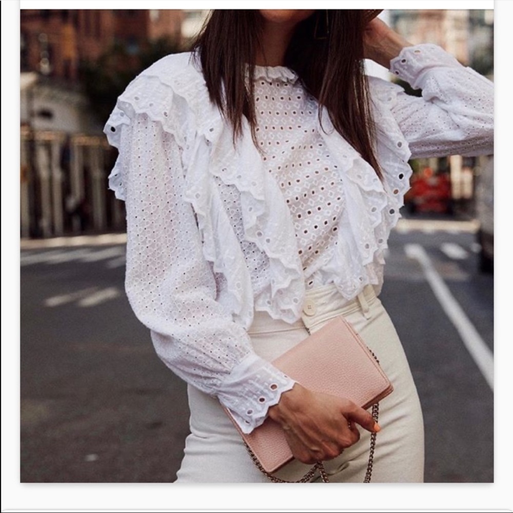 Topshop White Ruffle Eyelet Long Sleeve Blouse